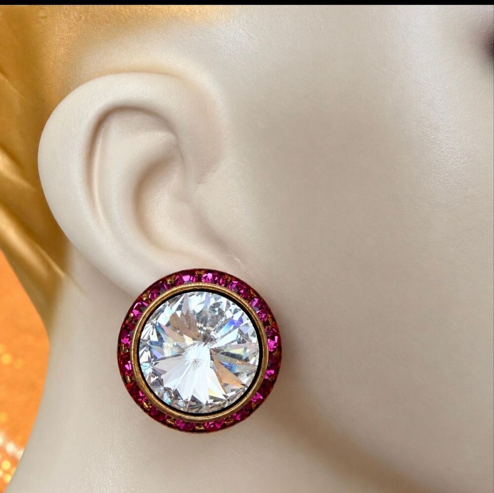 Vintage Oversized Clear Crystal Fuchsia Rhinestone Clip-On Earrings